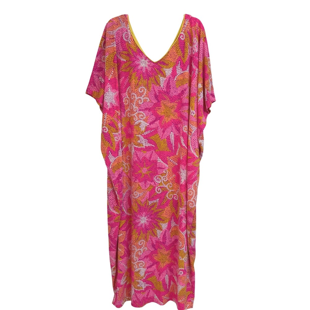 Vintage Elisabeth Stewart Pink Floral Kaftan Maxi Dress V-Neck Kimono Sleeve SM